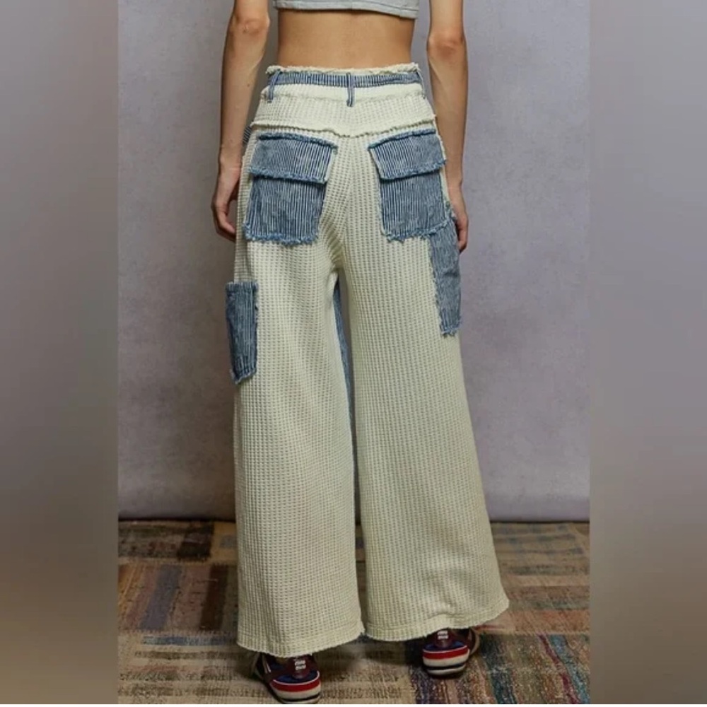 🆕 POL Stripe Patch Pants-casual & fun with a roomy fit, mixed fabric design.